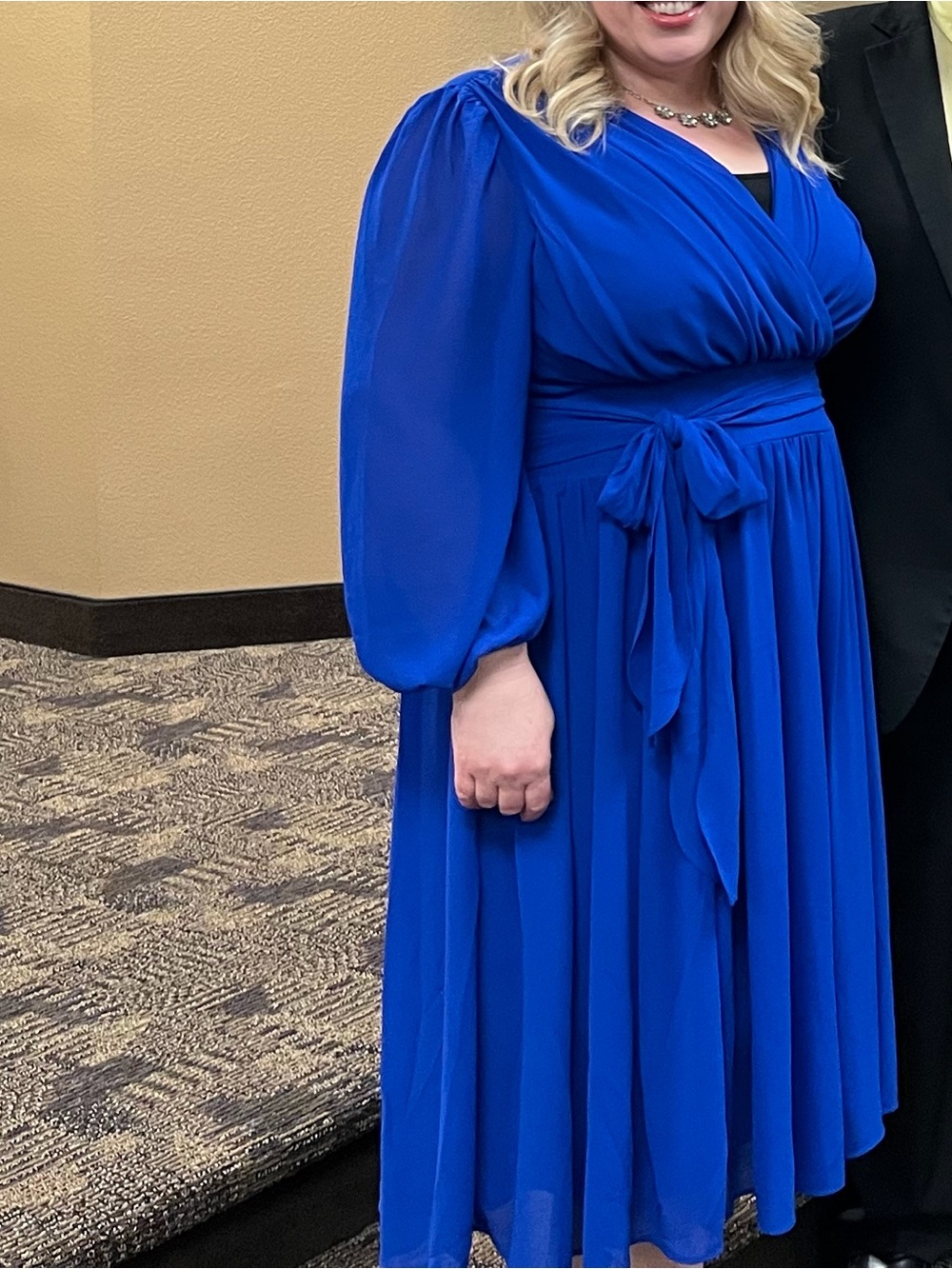 Lane Bryant Cobalt Blue Faux-Wrap Midi Dress with Tie Waist chiffon Sz 14